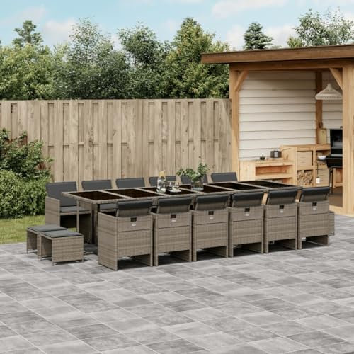Tidyard 17-TLG.Garten-Essgruppe mit Kissen Gartenmöbel Set 12-16 Personen Rattanmöbel Outdoor Loungemöbel Sitzgruppe Essgruppe Garnitur Outdoormöbel Gartengarnitur Tisch Stuhl Hocker Grau PolyRattan