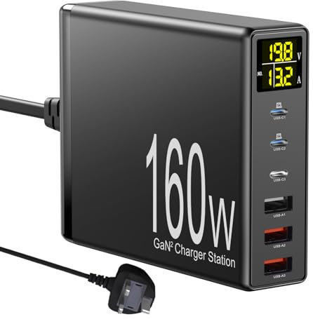 CESTONE USB C Charger,160W GaN 6-Port Fast Charging Station with LED Display,PD3.0 and QC3.0 Fast Charging,Multi Port Power Adaptor, For MacBook, iPad, iPhone 15/14/13/Pro/Max, Samsung,Tablet (Black)
