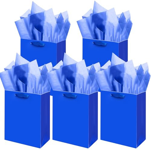 Gcardist Dunkelblaue Geschenk Taschen mit Tissue Papier für Hochzeit, Geburtstag, Party Supplies-20x11x24cm Mittlere Größe Karton Geschenk Taschen (8x4.3x10Inch,5pcs Taschen +10pcs Tissue Papier)