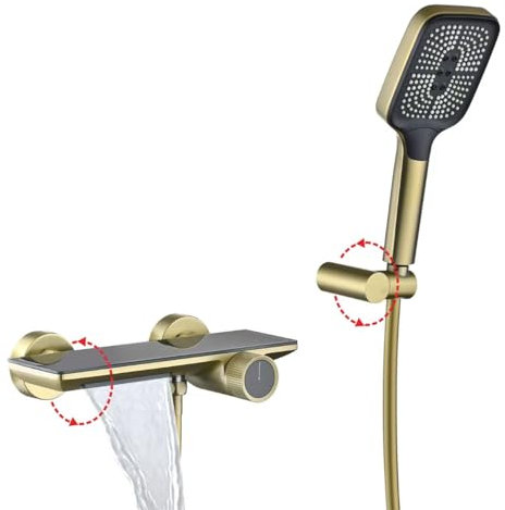 Badewannenarmatur mit 3 Strahlarten Handbrause Gebürstetes Gold Wannenarmatur Wasserfall Wannenbatterie Dusche Set Wandmontage Messing Mischbatterie Wasserhahn Badewanne mit Brauseschlauch