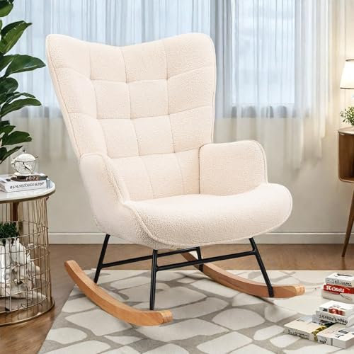 KatFash Schaukelstuhl,Relaxstuhl Stillstuhl Lesesessel Bequem Schaukelsessel,Gepolsterter SchaukelstüHle Sessel mit Holzkufen,Schaukelliege für Wohnzimmer Schlafzimmer Balkon(Beige)