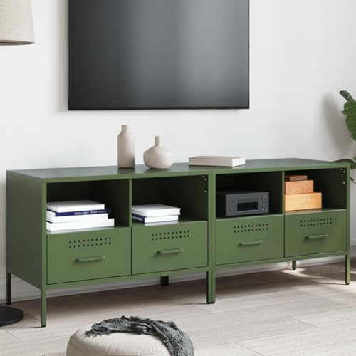 HETFTJN Juego de 2 mesas bajas para TV, color verde oliva, 68 x 39 x 50,5 cm, acero laminado en frío, con 2 cajones, capacidad de carga de 30 kg, diseño industrial, para salón, dormitorio