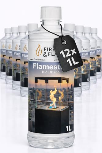 Bioethanol Flamestuff 96,6% Ultra Premium – 12 x 1 L Kamin Brennstoff - BioEthanol – Rauchfrei & Geruchsarm – Für Ethanol Kamin, Wandkamin & Tischkamin – Indoor & Outdoor Feuerstellen (12 Liter)