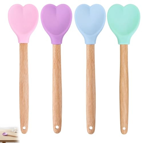 4 Stück Kochlöffel Herz Set, Löffel in Herzform (4 Farben) | Für Desserts, Getränke und zum Umrühren. Holzlöffel Herz Design in Hellrosa, Hellblau, Hellgrün und Lila.