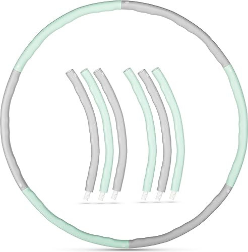 Gymtek Hula Hoop Reifen Erwachsene, 100cm, Hula Hoop mit Gewicht, Gymnastikreifen im Wellendesign, Hullahub Reifen zum Abnehmen und Massage, Fitness Accessories, Hoola Hoop, Minz und Grau, 6 Teile
