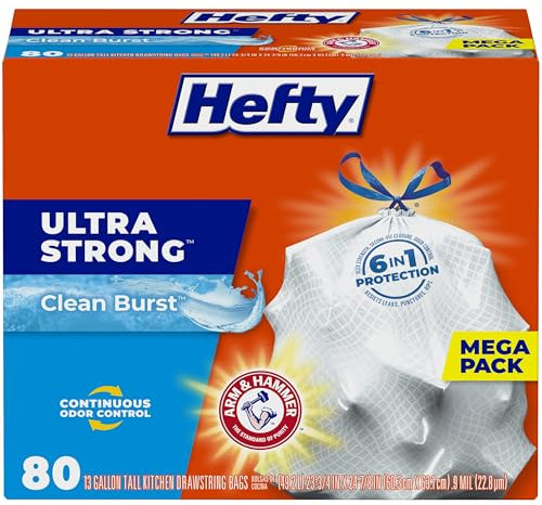 Hefty Ultra Strong Trash Bags (Clean Burst, Tall Kitchen Drawstring, 13 Gallon, 80 Count)