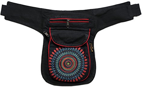 Kunst und Magie Bauchtasche Mandala-Print Gürteltasche Festivaltasche, Farbe:Schwarz/Rot/Petrol