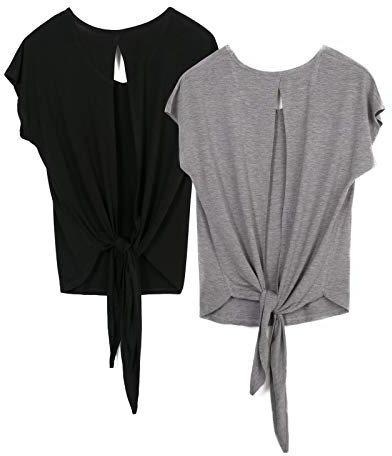icyzone Damen Rückenfrei Yoga Top Fitness Sport Kurzarm Shirt Oberteil Casual T-Shirt Loose Fit, 2er Pack (S, Black/Grey)