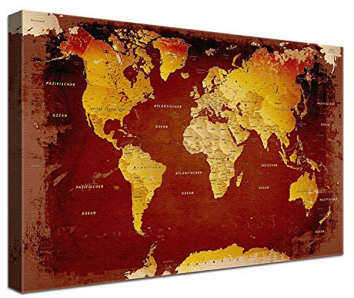 LANA KK Stilvolle Pinnwand Weltkarte - Nostalgie - Deutsch in 120 x 80 cm, stabile Rückwand zum Pinnen inkl. Starterkit - Leinwand-Kunstdruck Wandbild Landkarte XXL