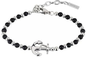 Breil, Collezione Black Onyx, Bracciale da Uomo con Elemento da Marinaio, con Sfere di Onice Nero e Acciaio Specchiato, Chiusura a Moschettone, Idee Regalo Uomo, Lunghezza 17.5-22.5 cm, Silver-Nero