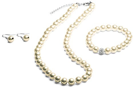 FlexiStore Perlenkette geknotet - Perlenarmband - Perlenohrringe - Set Beige