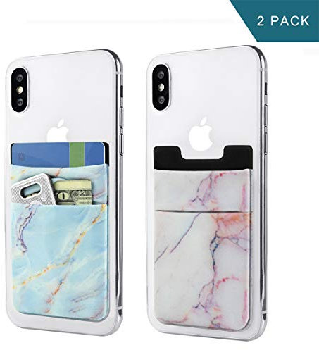 Newseego 2er Pack Handy Kartenhalter [Doppelschicht] Kartenhülle Stick on Wallet Kartenhalter Kartenetui Dehnbare Aufklebbare Handyfach für iPhone, Android Smartphone (Blau & Rosa Marmor)