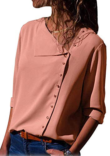 ShallGood Femme Manche Longue Chemisier Blouse Eté Couleur Unie Tunique Col V Mousseline Top Button Up Haut Shirt Rayé Chemise Chic Classique Top A Rose FR 44