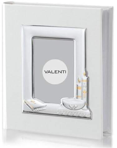 Valenti Argenti Fotoalbum aus weißem Kunstleder für die Taufe mit Fotoabdeckung 9 x 13 cm