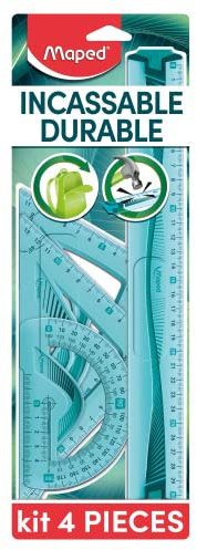 Maped Kit de Traçage INCASSABLE 4 pièces comprenant : 1 règle 30 cm, 1 équerre 60°/21cm, 1 équerre 45°/21 cm et 1 rapporteur 180°/12 cm Bleu