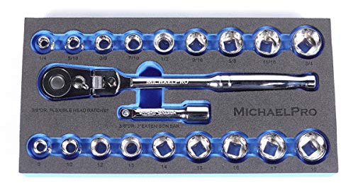 MichaelPro MP001001 3/8 inch Drive Socket Wrench Set, 20-Piece, 12-Point Socket in SAE & Metric Size-with Reversible and Flexible Low Profile Ratchet Wrench Handle, Extension Bar and EVA Tray, Red