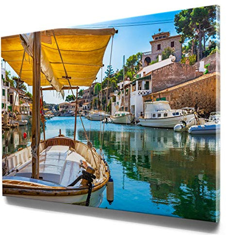 Traumhafte Mallorca-Bilder im Großformat 120x80cm, Fischerdorf - als großes XXL Leinwandbild. Wandbild als Hintergrund und Deko für Wohnzimmer & Schlafzimmer. Aufgespannt auf Holzrahmen