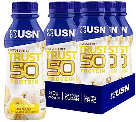 USN Trust 50 Protein Shakes Banana 6 x 500ml – High Protein Ready to Drink – 50g Protein – Low Fat – No Added Sugar – Lactose-Free – Guilt-Free Shakes for Muscle Recovery - Packaging may vary