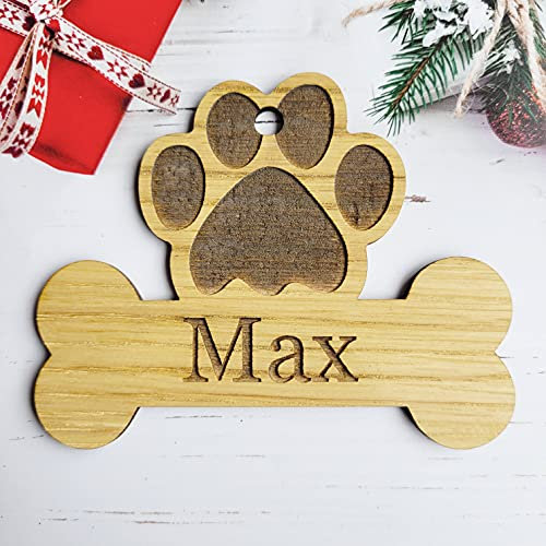 Personalised Christmas Bauble Dog Bone tree decoration wooden hanging ornament keepsake