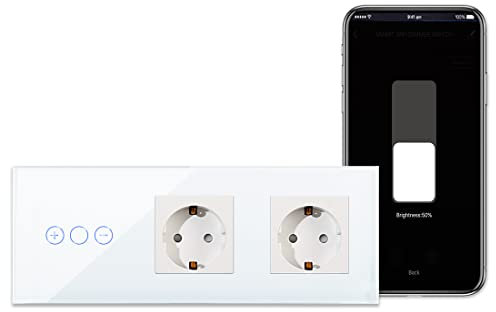 CNBINGO WLAN Dimmschalter mit Schuko Doppelsteckdose Unterputz - Smart Touch Lichtschalter Arbeit mit Alexa, Google Assistant - Glas Wandschalter Weiß - Neutralleiter Wird Benötigt