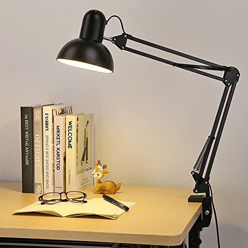 Mengjay Lampada da Scrivania E27 Vintage, Lampada da Tavolo con Braccio Girevole e Morsetto, Lampada da Comodino Protezione degli Occhi per Lettura, Studio, Ufficio (Lampadina E27 non Inclusa) Nero