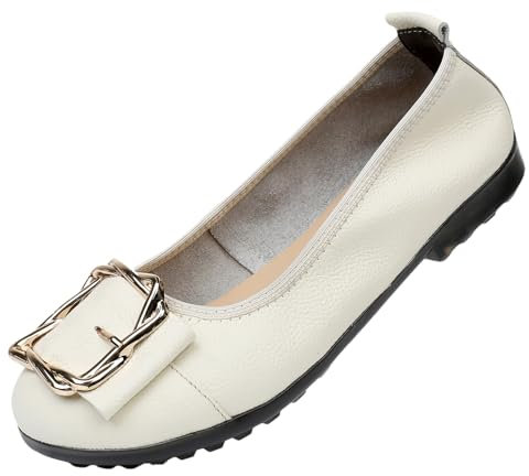 ANUFER Women's Genuine Leather Ballerinas Fashion Metal Buckle Soft Flat Pumps Shoes Beige SN070535 EU38.5