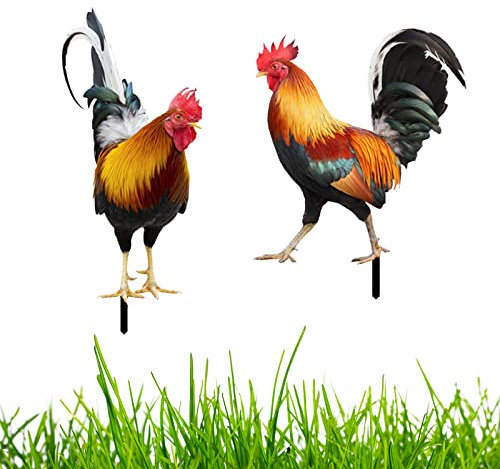 YEJAHY Lot de 2 Piquets de Jardin en Forme de Coq, Statue Artistique en Acrylique, Accessoires de Décoration pour Pelouse et Jardin, Cadeaux