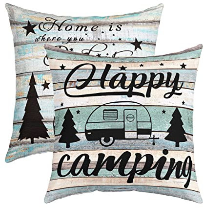 Loussiesd Glückliche Camping Kissenbezüge 2er Set Weiche Camper Kissenhülle Für Wohnzimmer Schlafzimmer Cartoon Camping Auto Dekorative Rustikale Holz Dekokissen für Sofa Stuhl Kissenbezug 45x45cm