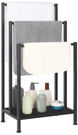 Freestanding Towel Rack, 3 Tier Metal Towel Rack Blanket Rack Stand for Bedroom Black Bath Towel Holder Stand Floor for Bathroom Floor Towel Holder with Wooden Storage Shelf