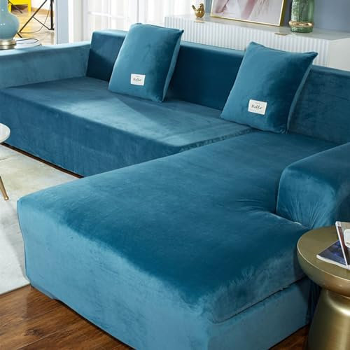 YOPOIY Samt Sofabezug L Form, Dicker Stretch Ecksofabezug, rutschfest Sofabezug Ecksofa L Form Waschbarer Plüsch-Möbelschutz Für Haustiere Und Hunde -Blau-3+2 Sitzer