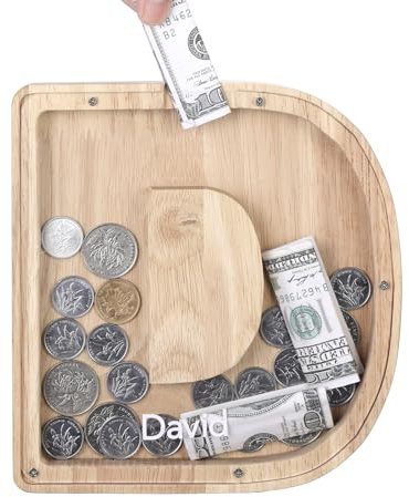 TsunNee Holz Brief Spardose Sparschwein Kreative Brief Münzbank Spardose mit Klare Alphabet Aufkleber, Spardose für Kinder Weihnachten Geburtstagsgeschenk Home DIY Dekoration (Helles Holz D, S)