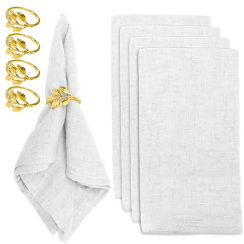 Umllpet Stoffservietten Weiß, 4 Baumwoll Servietten und 4 Serviettenringe Set, 40x40 cm Waschbare Tischservietten für Hotel, Mittagessen, Restaurant, Hochzeiten, Veranstaltungen und Partys