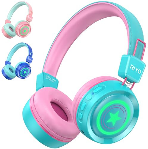 Casque Bluetooth sans Fil Enfant,riyo Casque Audio Enfant avec Lumières LED Bluetooth 5.0 Stéréo Ecouteurs Enfants Limite de Volume 94dB Réglable Pliable pour École/Voyage/PC/Tablet/Kindle