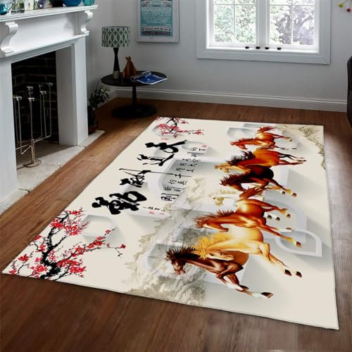 CIHCOHOME 8 Tiere Bereich Teppich Laufen Pferd Bereich Teppich Asiatischer chinesischer Stil Teppiche für ländliche Bauernhaus Wohnzimmer Bereich Teppiche Teenager Mädchen Zimmer Dekor 80x150cm