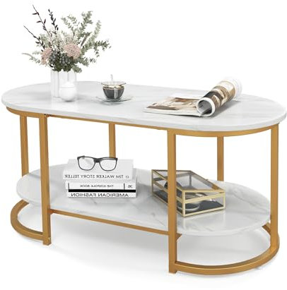 GOPLUS Couchtisch Marmor Optik, Ovaler Kaffeetisch mit Metallrahmen & offenem Ablagefach, Sofatisch Mitteltisch Wohnzimmertisch für Wohnzimmer & Büro, Gold