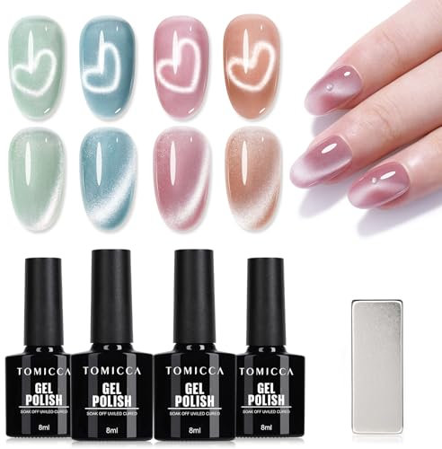 TOMICCA Cat Eye Gel Nail Polish, 4 Colors 32ML Pink Shimmer Magnetic Gel Polish Set with Magnet Soak-Off UV/LED Cat Eye Gel Polish for Beginners Nail Art Salon DIY Home