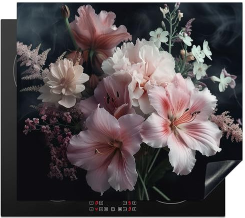 KitchenYeah© Induction Hob Protector Mat 20.5x23.2 / 59x52 cm Cooker Top Protectors Cover Ceramic Covers Electric Hobs Vinyl Flowers - Pink - Vapour - Plants