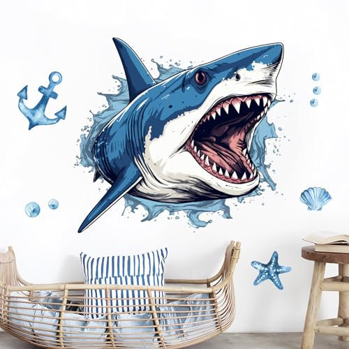 Supzone Wandtattoo 3D Hai Öffnender Mund Wandaufkleber Ozean-Thema Wandsticker Jungenzimmer Wand Dekor für Kinderzimmer Babyzimmer Schlafzimmer Spielzimmer Wanddeko