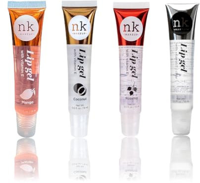 NK lip gloss gel 15ml Vitamin E, Shiny, Nourishes, Mango, Coconut, Rosehip and Clear flavoured by Nicka K (Multi Pack Of 4).
