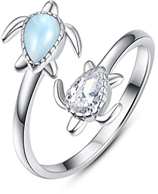 Damen Ring Schildkrötenring 925 Sterling Silber Ringe Einstellbar Schildkröten für Frauen Geburtstag Jubiläum Versprechen Schmuck (Larimar Schildkröte Ring)