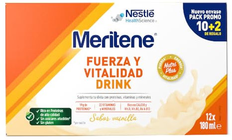 Meritene | Fuerza y Vitalidad Drink | Sabor Vainilla | Listo para Tomar |Fuerza para tus Músculos, Vitalidad para ti | Batido con Proteínas, Vitaminas y Minerales | 12 Unidades x 180 ml