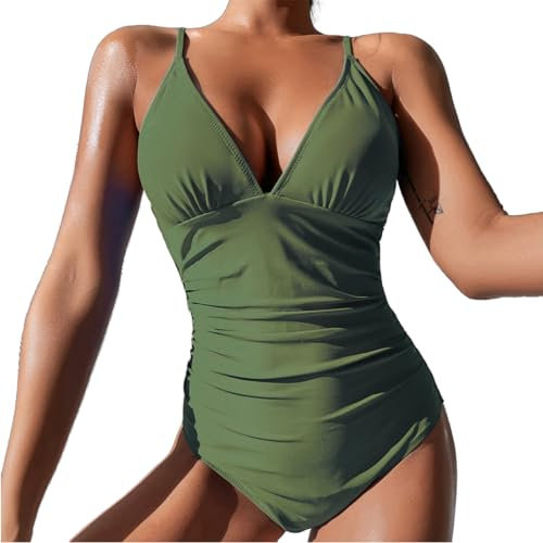 SUGSHYN Costume Intero Donna Scollo a V Curvy Costumi da Bagno Contenitivo Intero Modellante Un Pezzo Monokini Mare Piscina Spiaggia Imbottito Costumi Interi Elegante(Verde,XL)