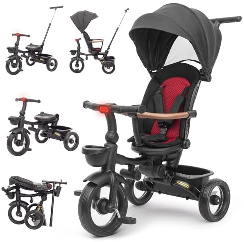 UBRAVOO Baby Dreirad,7-in-1 Klappdreirad für Kinder ab 6 Monaten bis 5 Jahr, Scheinwerfer,Bremspedal,Erweitertes Verdeck,Abnehmbares Geländer,Geländegängiger Kinderwagen mit Lauf&Lenkfunktion