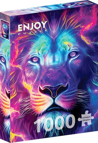 1000 Pieces Jigsaw Puzzle for Adults – Matte Finish, Soft Touch, Sturdy and Unique Pieces, Tight Fit, Vivid Colors, Missing Pieces Service – Magical Wild Lion Abstract Neon Portrait – by ENJOY Puzzle