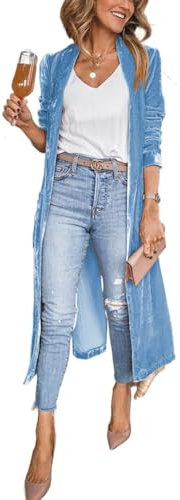 Women Velvet Blazer Jackets Long Velvet Duster Kimono Coat Open Front Velour Vintage Sweater (Blue,M)