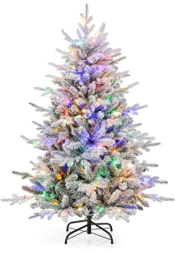 COSTWAY 4.5FT/6FT Pre-lit Artificial Christmas Tree, Snow Flocked Full Xmas Tree with PVC & PE Tips, 160/260 Multicolored LED Lights and 8 Lighting Modes, Lighted Hinged Tree for Home Holiday (4.5FT)