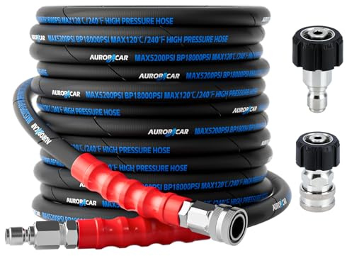 3/8'' Pressure Washer Hose 50FT, Kink Resistant High Tensile Wire Braided Power Washer Hose for Hot and Cold Water with 2 Pcs M22-14mm 3/8 Quick Connect Kit, 5200PSI Commercial Industrial Grade