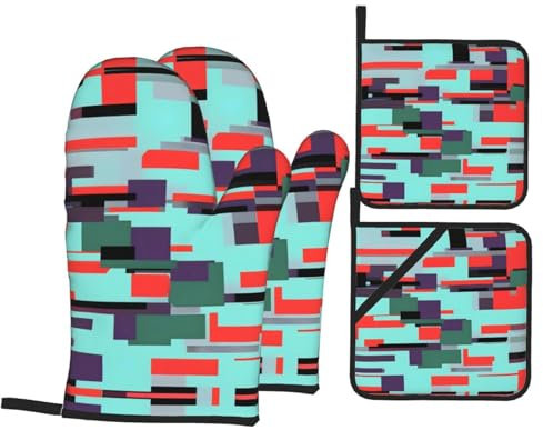 Striped Combination Kitchen Heat Resistant Gloves: Oven Mitts and Pot Holders Sets - Home Cook Accessories, Microwave