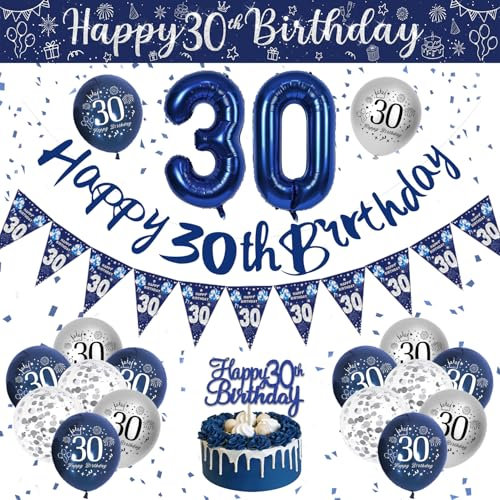 VICTERR 30th Birthday Decorations Men, Navy Blue & Silver Happy 30th Birthday Banner, Triangle Banners, Balloons, Confetti Balloons, Cake Topper, Ribbon