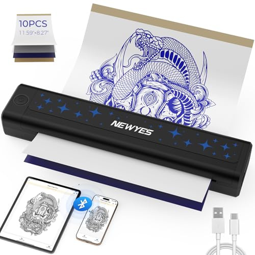 NEWYES Imprimante Thermique pour Tatouage, Machine de Transfert de Pochoir Portable | pour Tatoueurs et Débutants, Impression Claire et Effet Mat, Compatible PC, Tablette et Téléphone